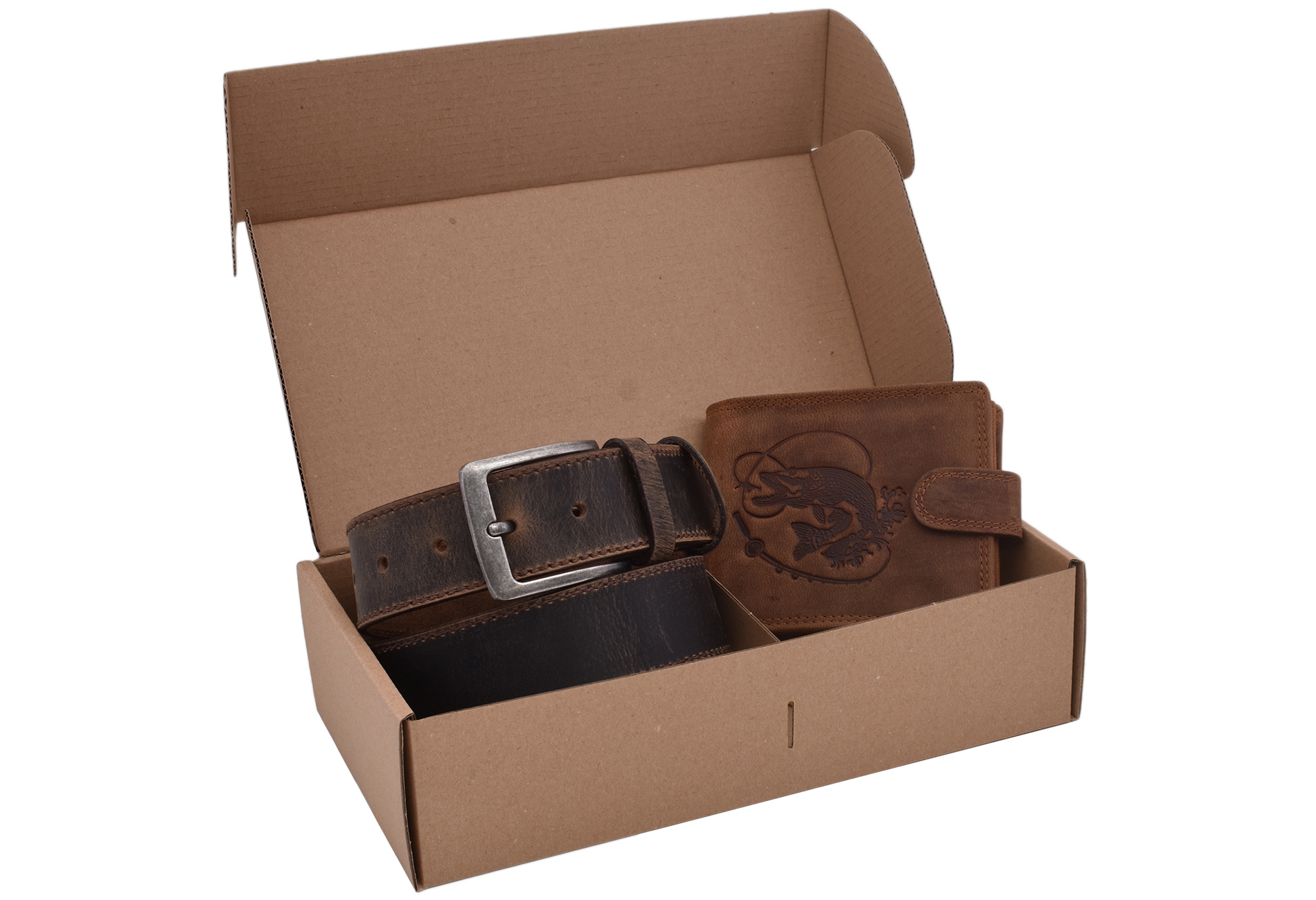E-shop Rybársky darčekový set šťuka s udicou 320 - pánska peňaženka 2911906-29 a pánsky opasok tmavý tan 747