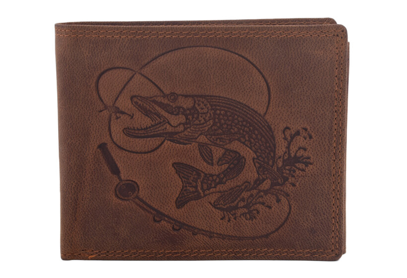 Rybársky darčekový set šťuka s udicou 320 - pánska peňaženka 2911908-29 a pánsky kožený opasok tmavý šitý 747